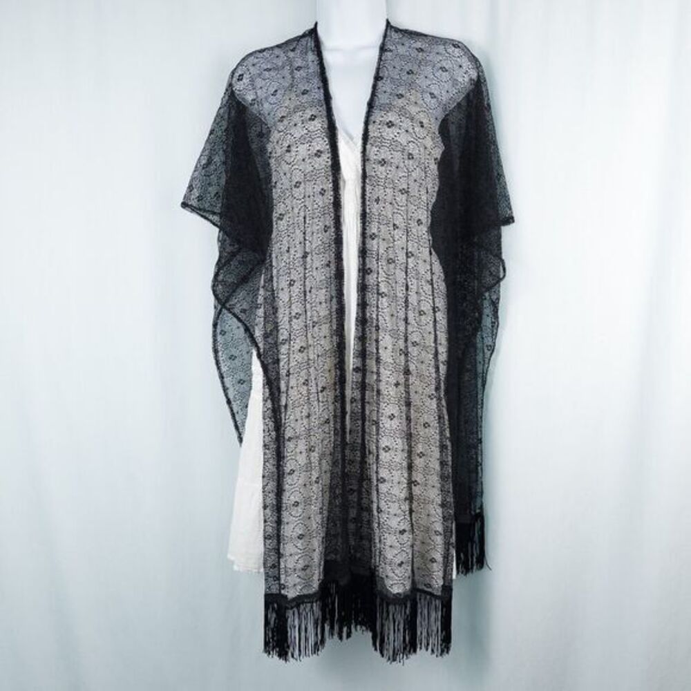 Womens Black Lace Fringe Kimono Cover Up One Size Boho Beach Festival Whimsigoth